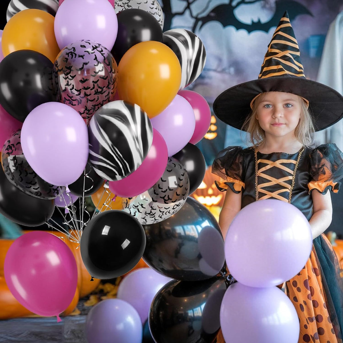 Halloween Balloons, 60pcs Purple Black Balloons, Purple Yellow Black Tie Dye Balloon With Bat
