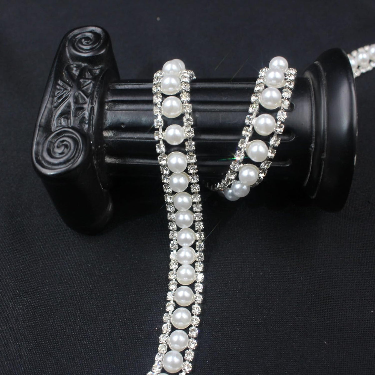 PEARLY JUN 1 Yard Pearl Rhinestone Trim Chain Silver Crystal Fringe Diamond Applique Ribbon String
