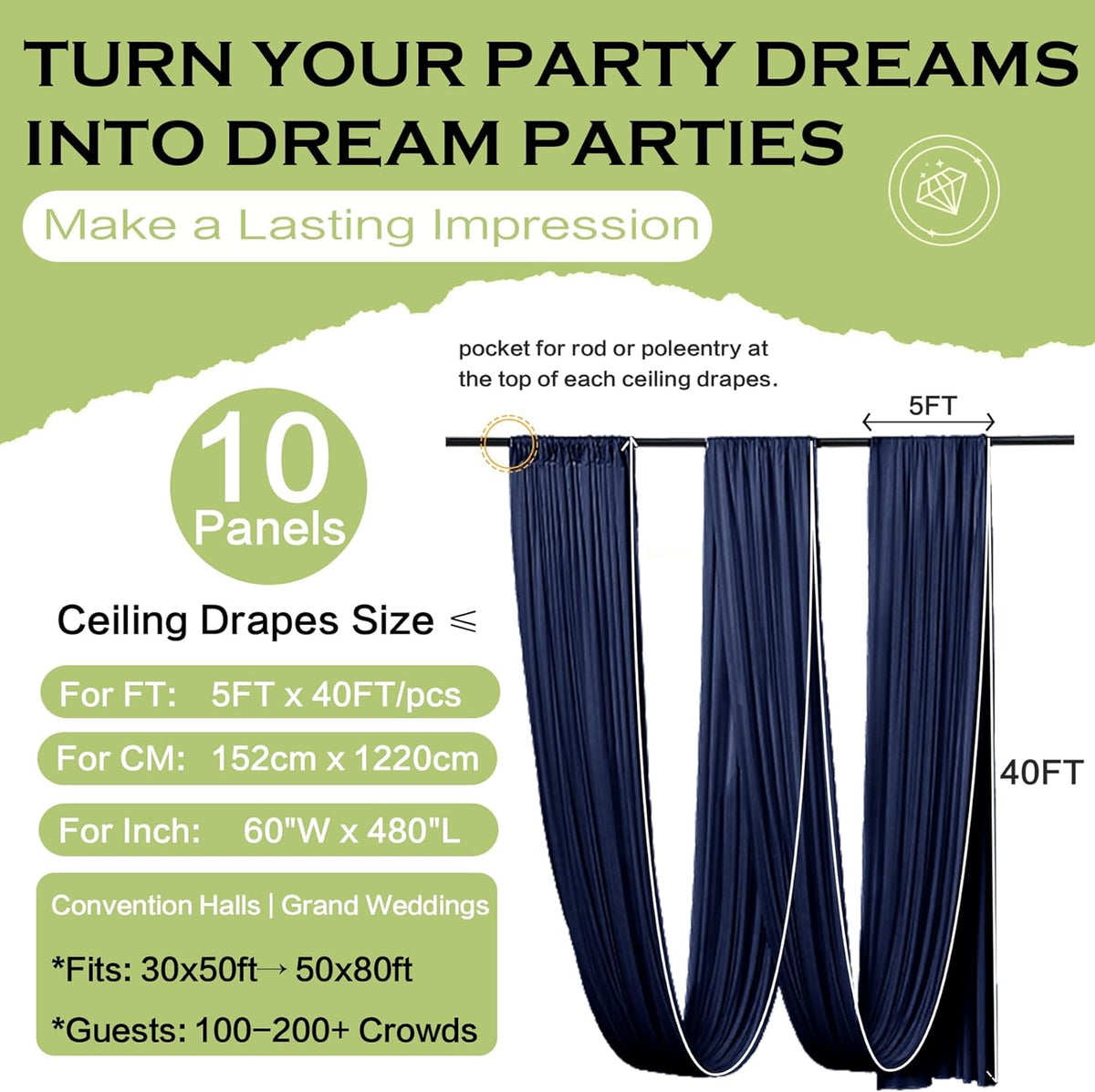 PartyVillage 50ftx40ft Navy Blue Ceiling Curtain for Wedding Parties – 10 Panels Wrinkle-Free 40 FT