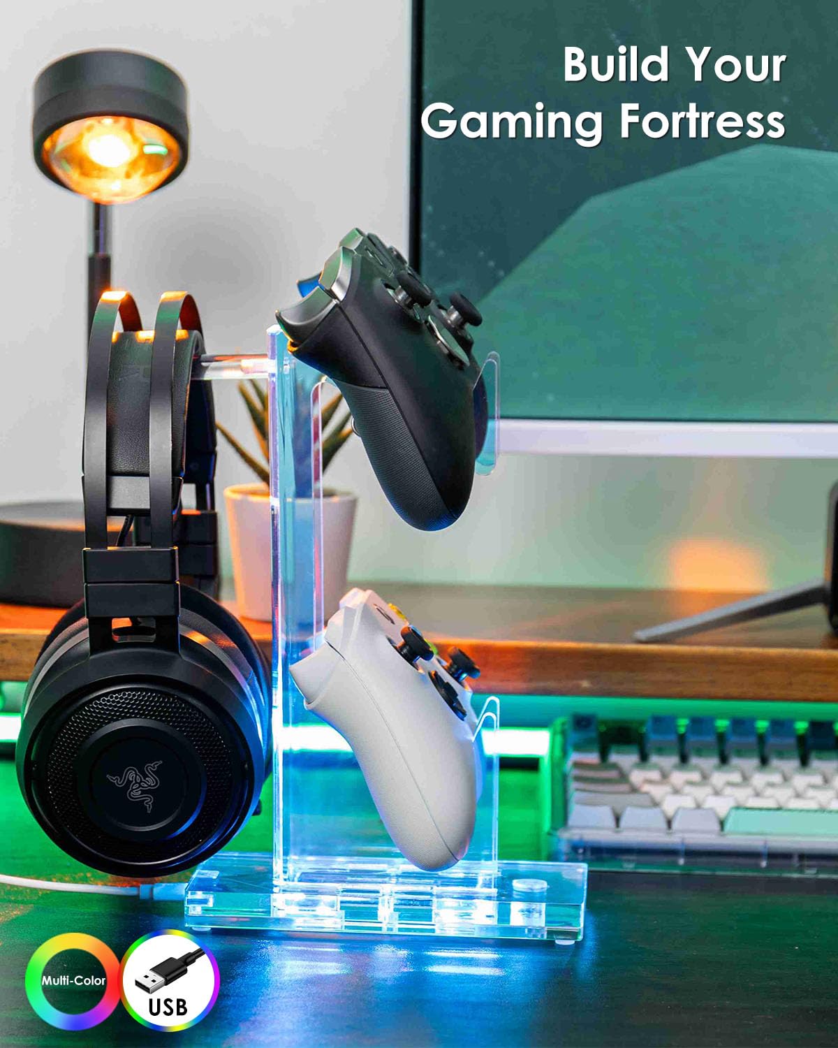 OAPRIRE Headset and Controller Stand with Lights, 2 Tier Acrylic Game Controller Holder, Controller