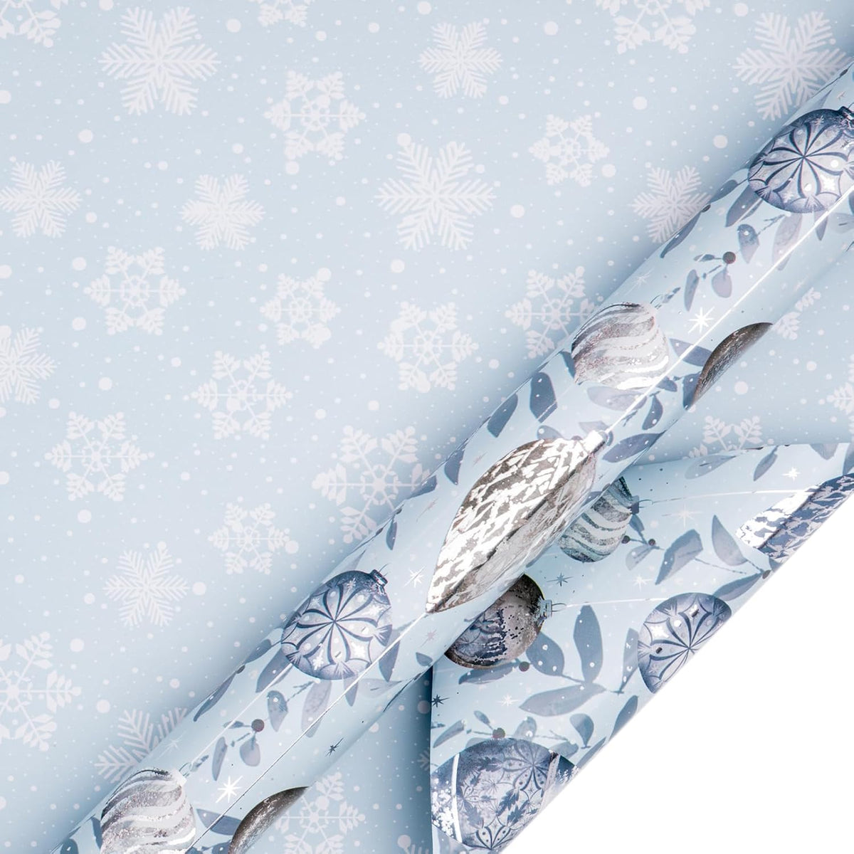 LeZakaa Christmas Silver Wrapping Paper Mini Roll, Silver Blue Christmas Ornaments, White Blue