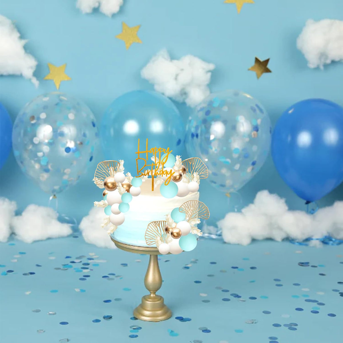 Gyufise 57Pcs Balls Cake Topper Boho Grass Cake topper Pearl Balls Acrylic Happy Birthday Cake