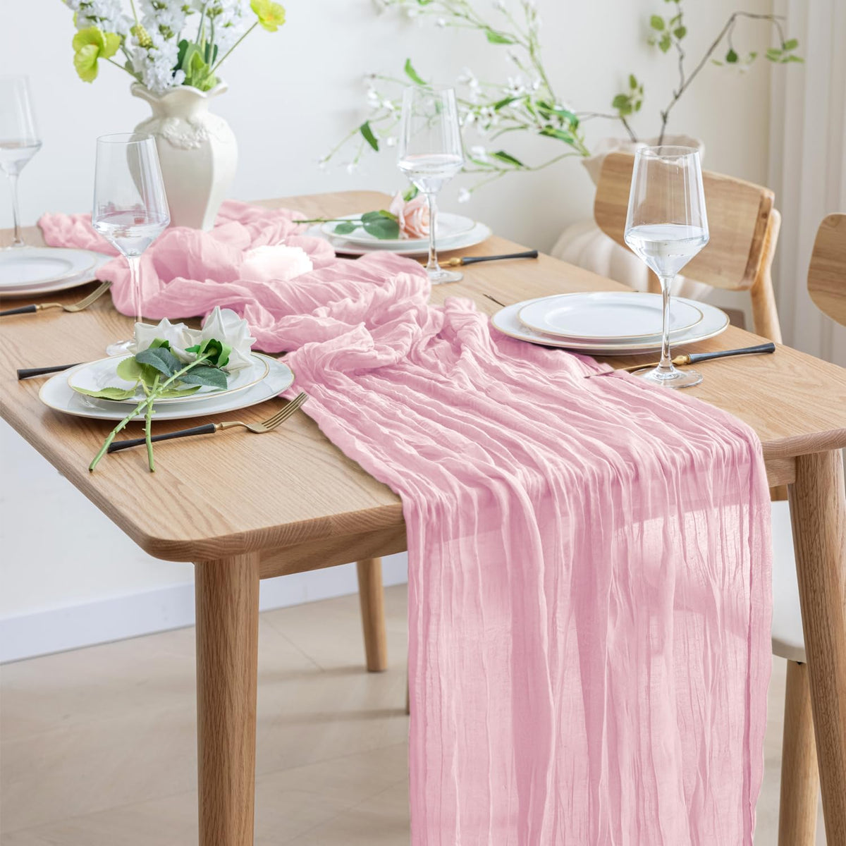 Asee'm 6pcs Cheesecloth Table Runner 120 Inches Blushing Pink Boho Gauze Cheese Cloth Runner 10FT