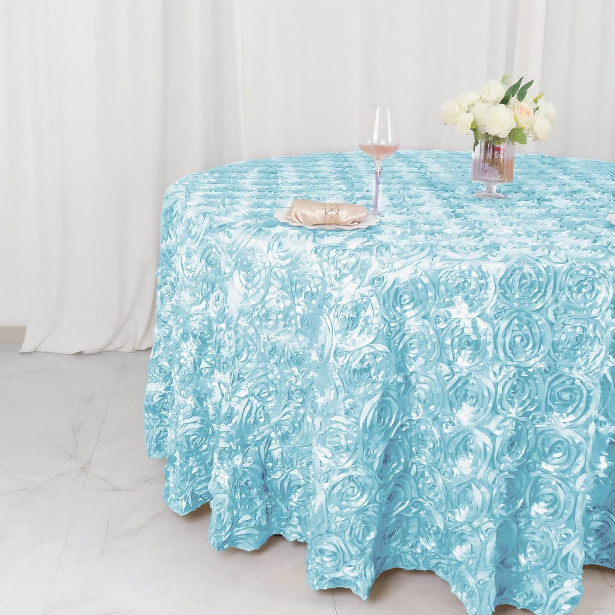 Efavormart 120" Wholesale Round Table Cover Light Blue Grandiose Rosette 3D Satin Tablecloth for