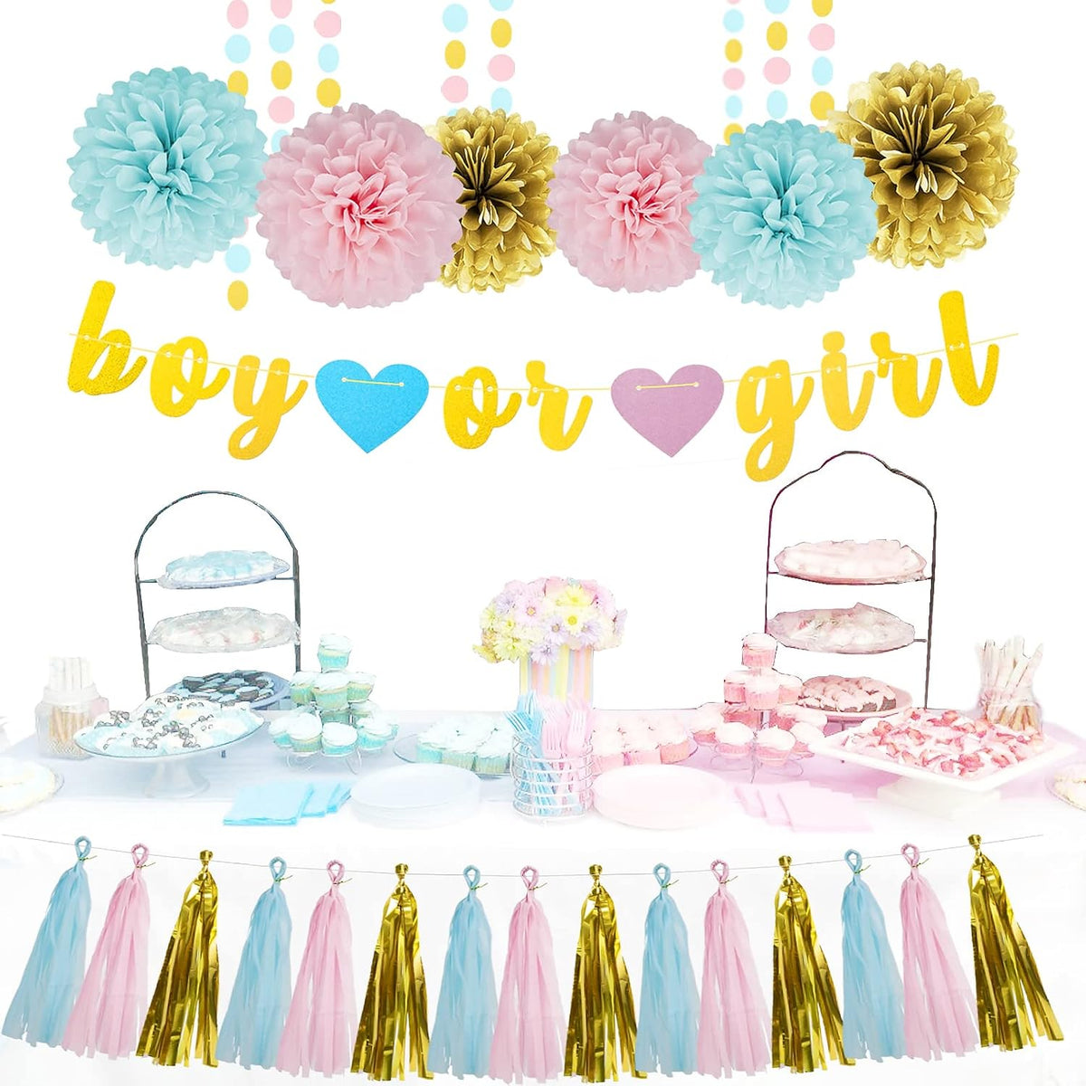 Gender Reveal Decorations Blue Pink - 23pcs Tissue Paper Flowers Pom Poms Boy Or Girl Banner Tassel