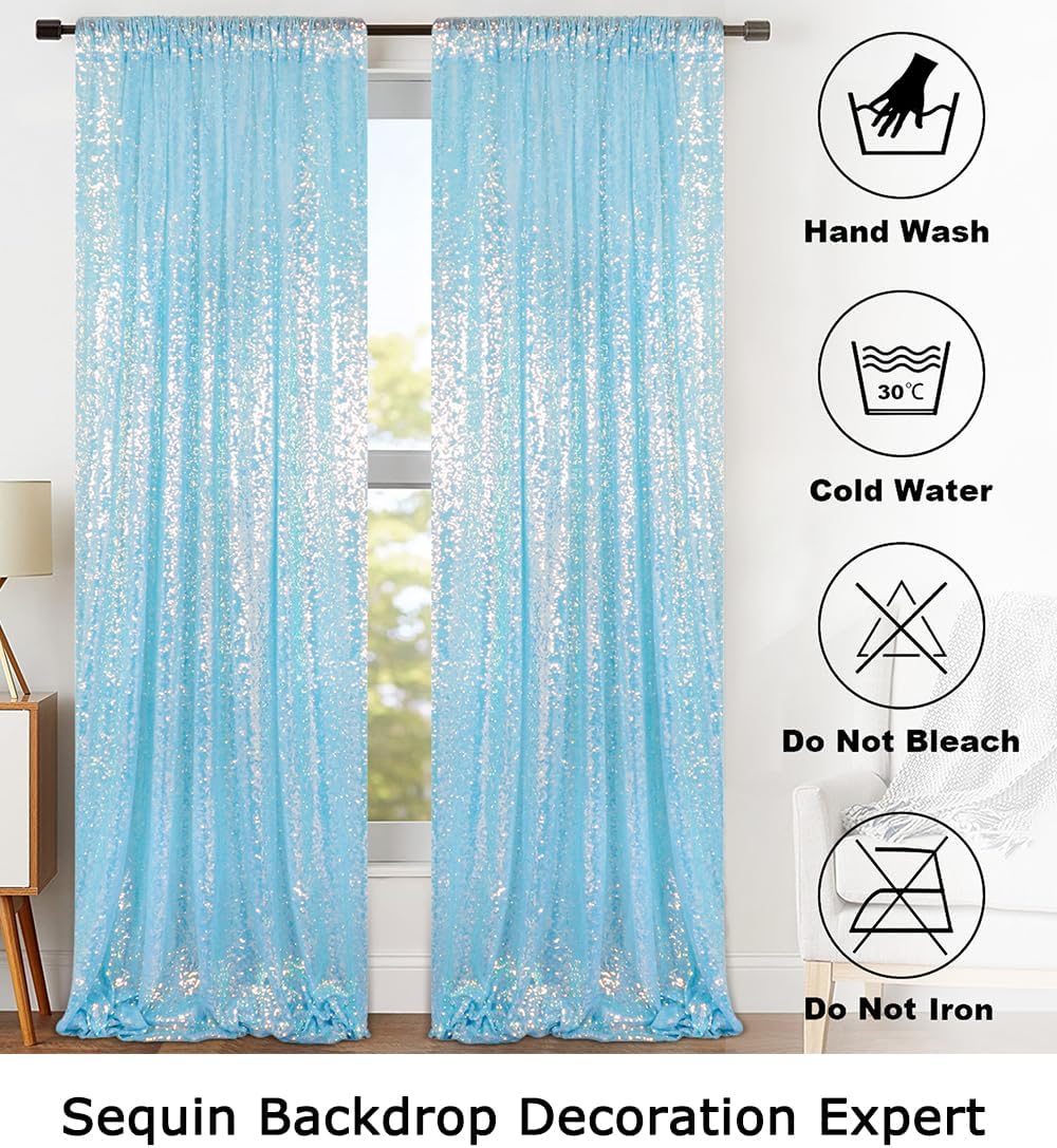 ShinyBeauty Iridescent Aqua Sequin Backdrop Curtain 5FTx10FT 2 Panels Photo Backdrops Blue Backdrop
