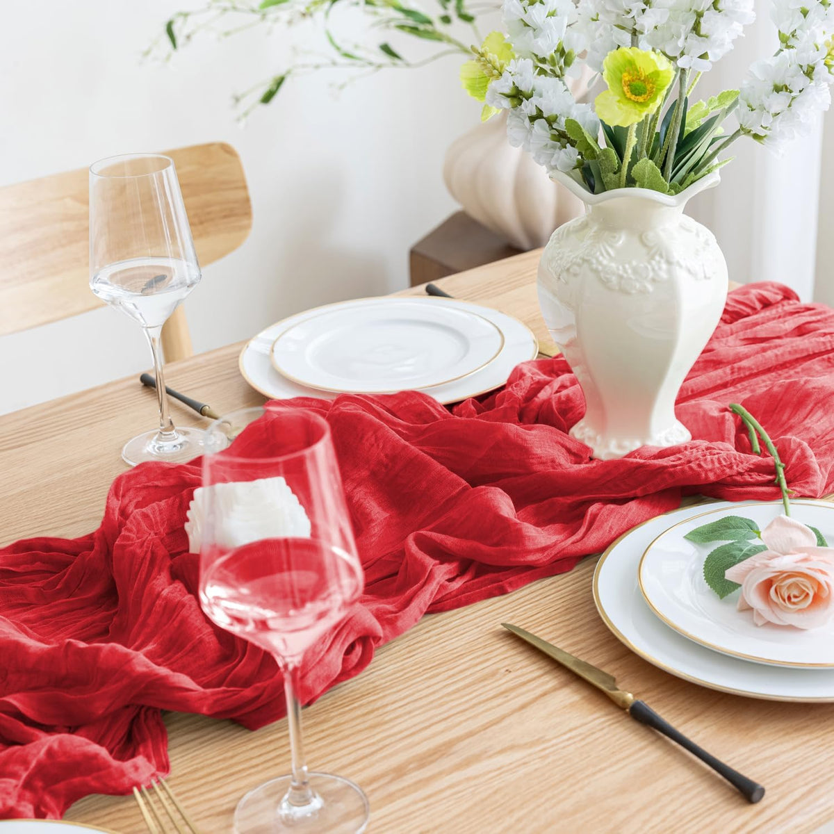 Asee'm Fall Table Runner Cheesecloth 10FT Red Boho Gauze Fabric Rustic Sheer Cheese Cloth Runners