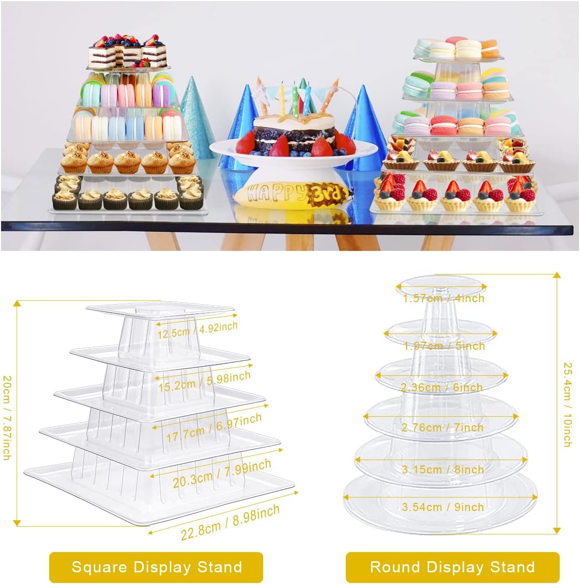 5 Tiers Square Macaron Tower Stand, Plastic Transparent Cake Stand Macaroon Display Rack Desserts