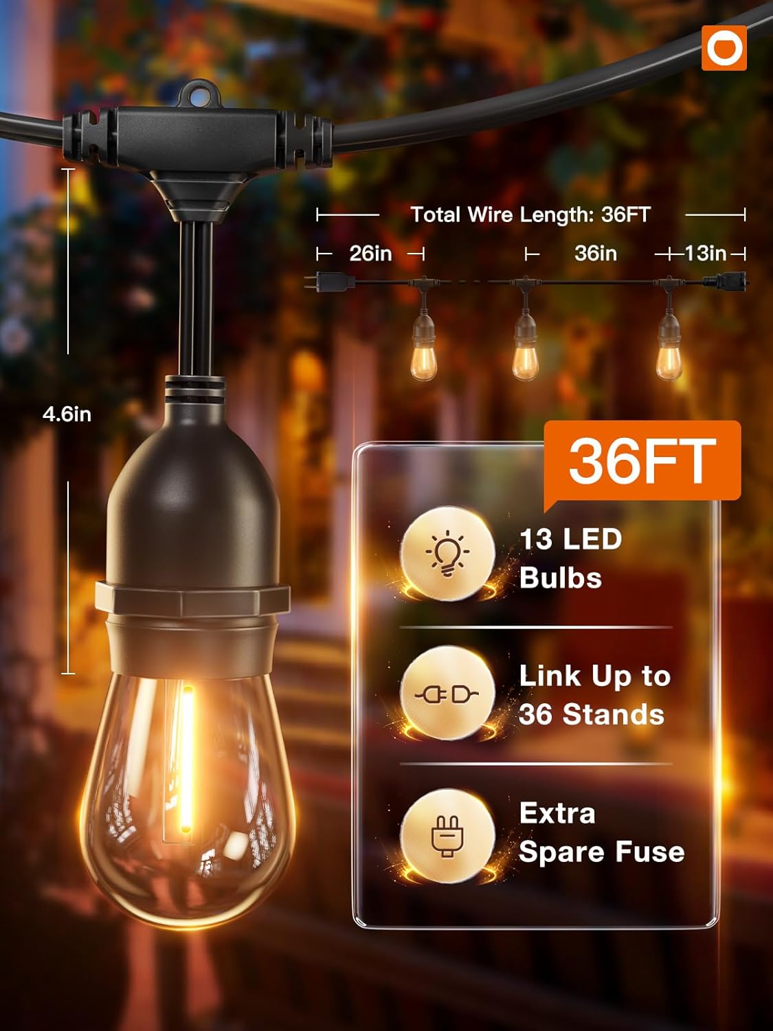 addlon LED Outdoor String Lights 36FT with Dimmable Edison Vintage Shatterproof Bulbs and