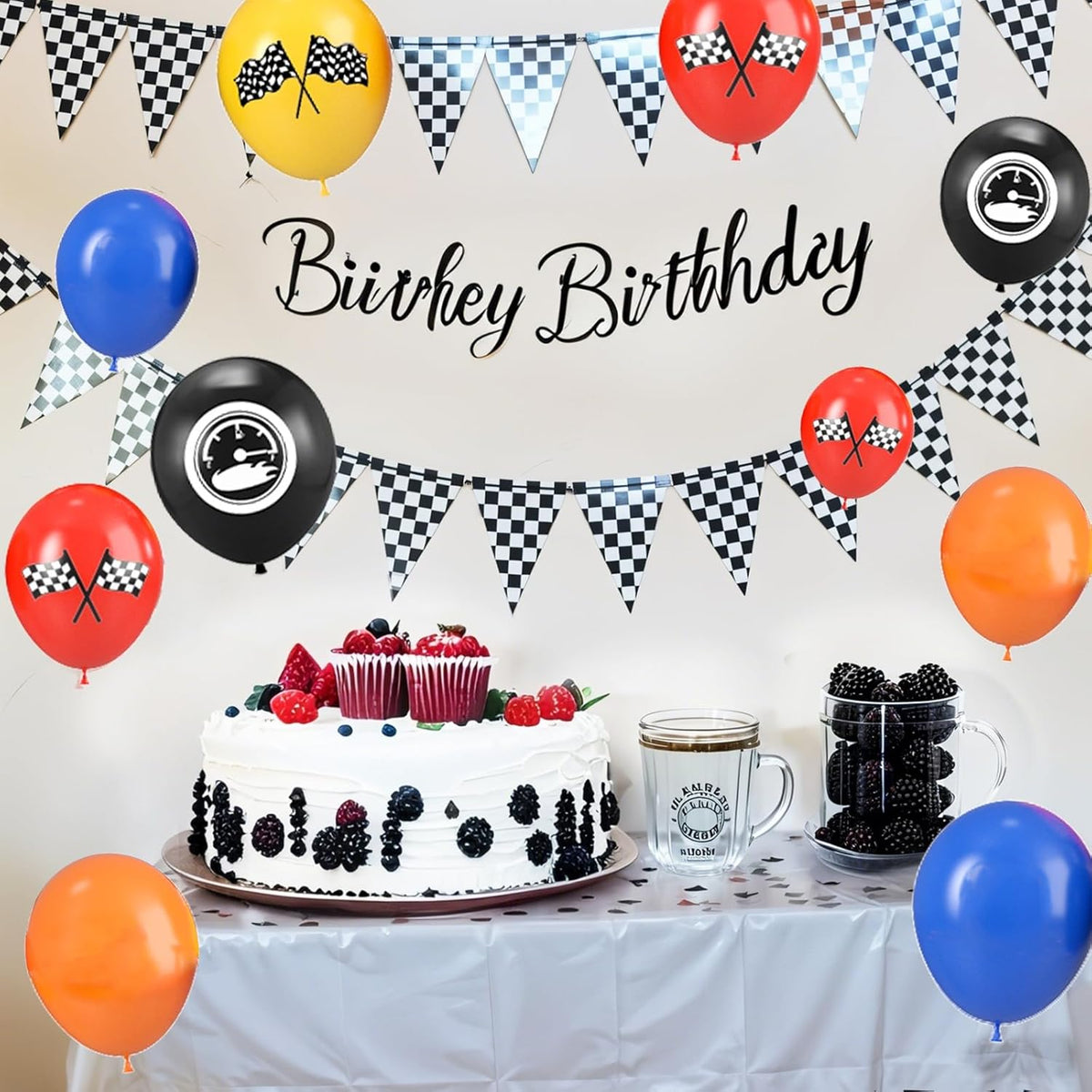 Race Car Balloons, 12 Inch Blue Black Yellow Orange Red Checkered Flag Car Balloons for Boy Race