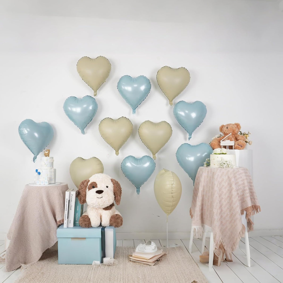 Baby Blue White Heart Balloons,12Pcs 18 Inch Blue Cream Foil Love Heart Shaped Balloons for Baby