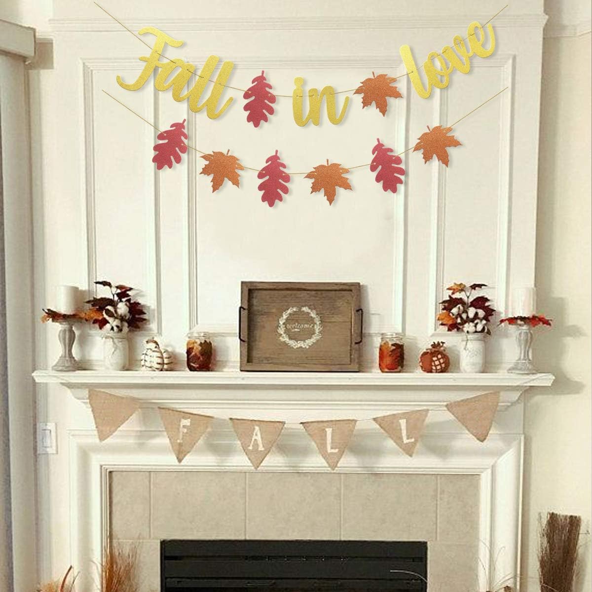 Uniwish Pre-Strung Fall in Love Banner Gold Glittery Garland Thanksgiving Fall Autumn Theme Wedding
