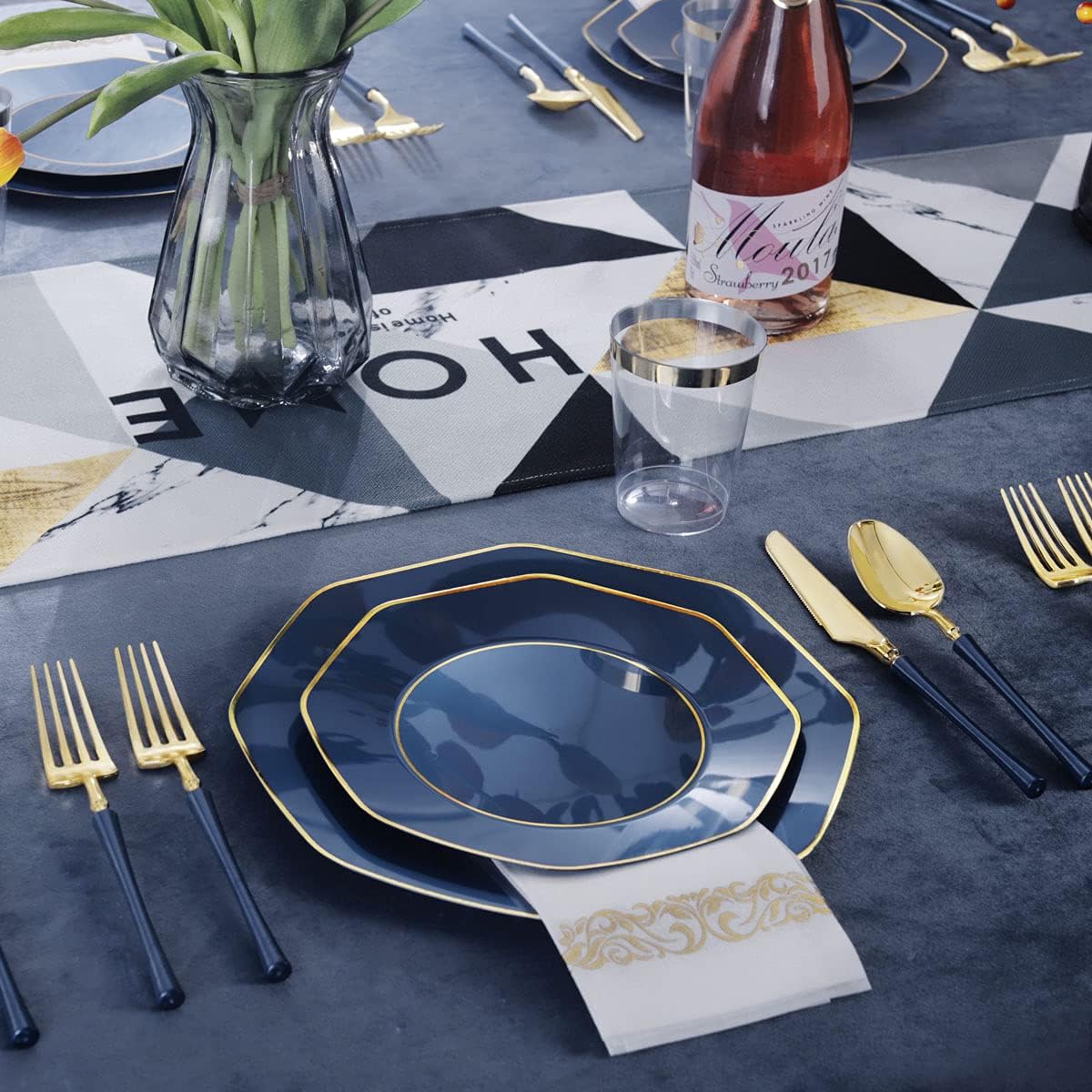 KIRE 140Pcs Blue Plastic Plates with Gold Rim - Gold Disposable Plastic Silverware with Blue