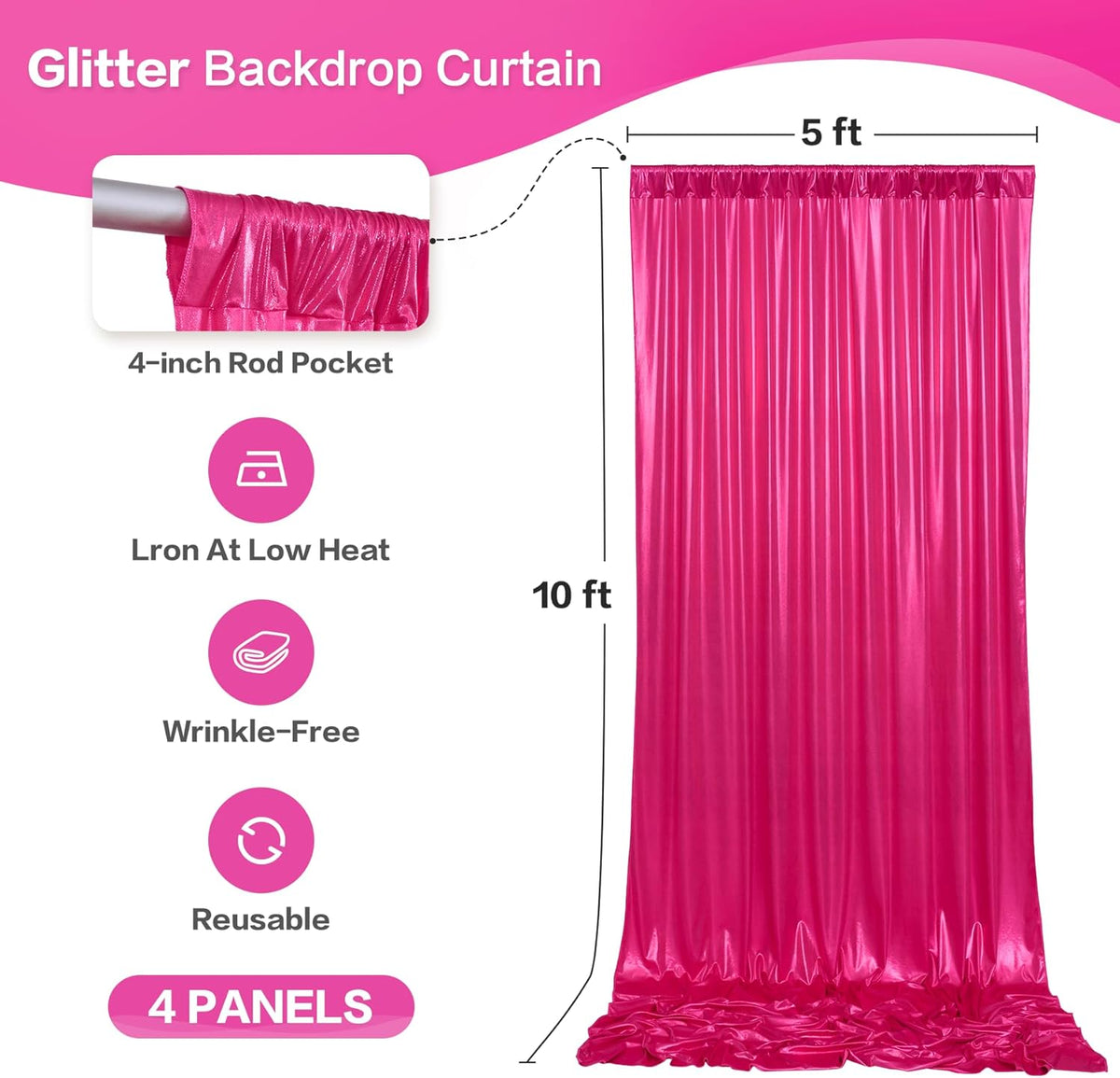 gogoparti 20x10FT Hot Pink Sequin Backdrop Curtain - 4 Panels of 5x10FT Wrinkle-Free Glitter Drapes