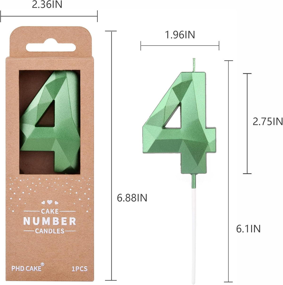 PHD CAKE 2.76 Inch Crystal Green 4 Number Cake Candle, Numeral Birthday Candles, Green Number