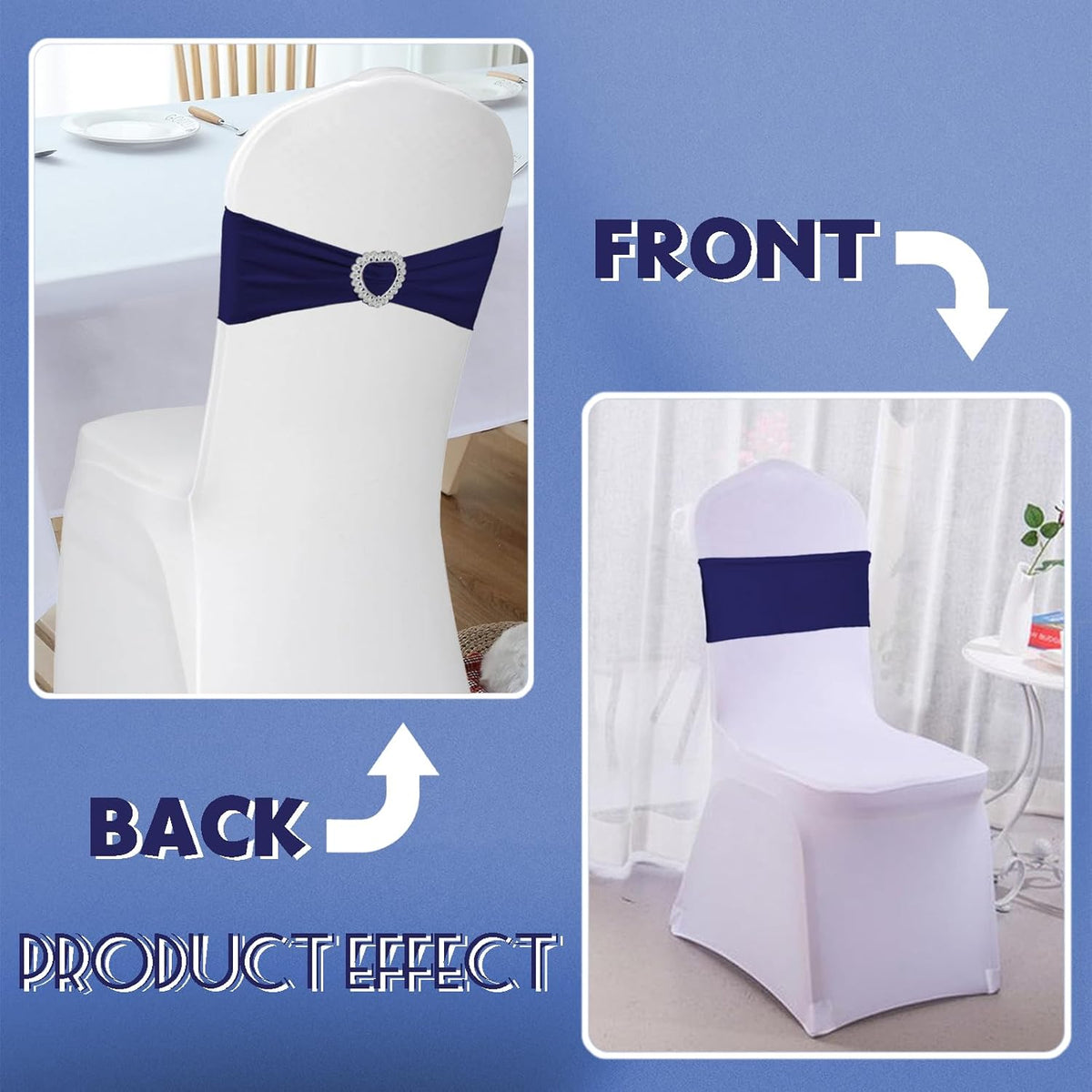 100PCS Spandex Stretch Navy Blue Chair Sashes Bows Universal Elastic Chair Cover Bands Ties with