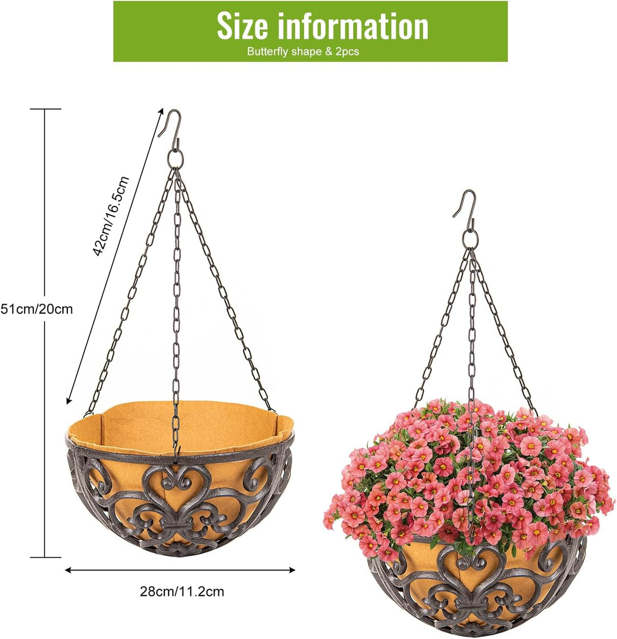 Sungmor 2PC 11" Dia. Large Cast Iron Hanging Baskets w/Fabric Liner, Rustic Brown Heavy-Duty