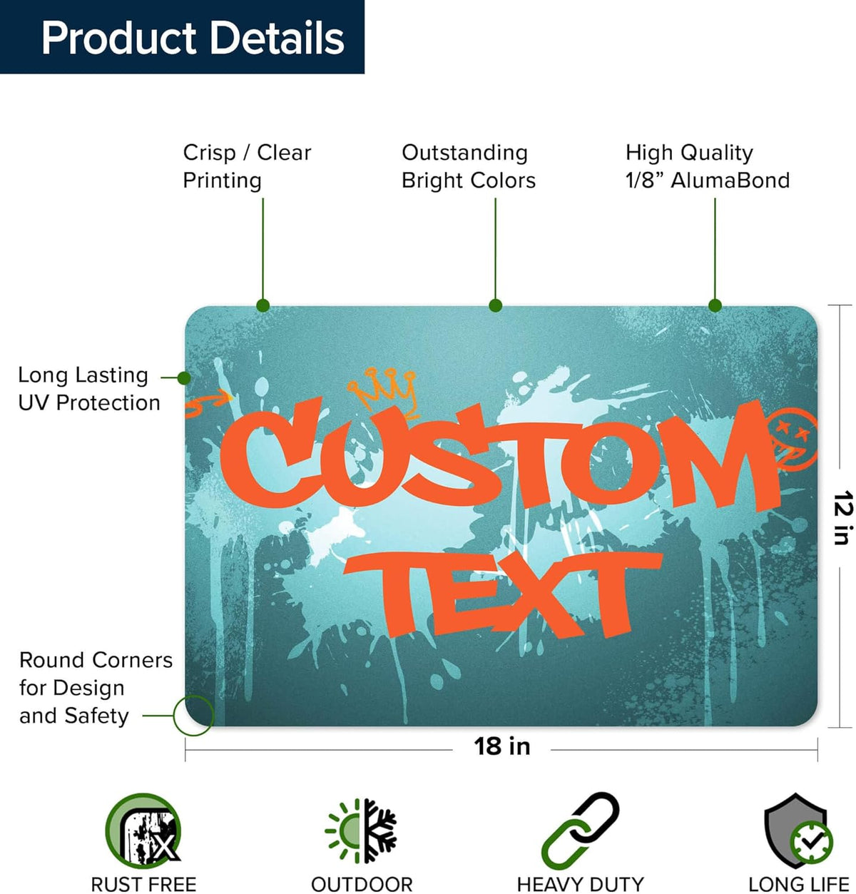 Custom Sign, Custom Street Sign, 11 Font Colors, 13 Font Styles, 4 Hole Options, 22 Sizes, 12x18