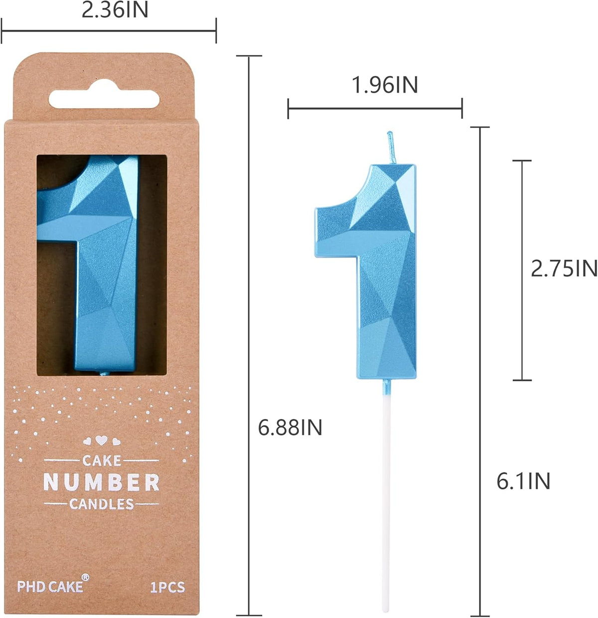 PHD CAKE 2.76 Inch Crystal Blue 1 Number Birthday Candles, Blue Number Candle, Cake Number Candles