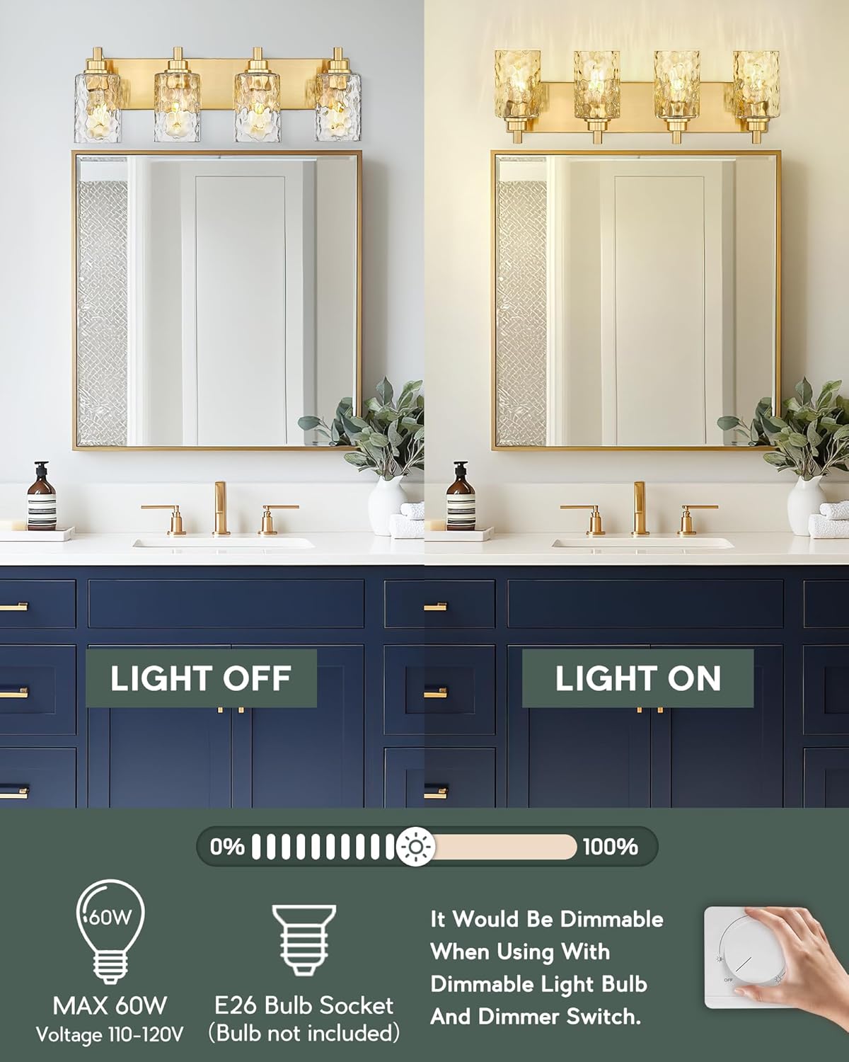 4-Light Bathroom Light Fixtures, 24.5 Inch Brushed Gold Vanity Lights with Clear Hammered Glass