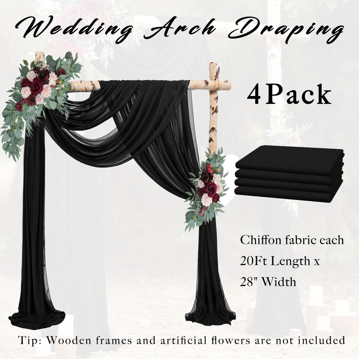 20Ft Length x 28" Width 4 Panels Wedding Arch Draping Fabric Black Arch Drapes Chiffon Fabric Sheer