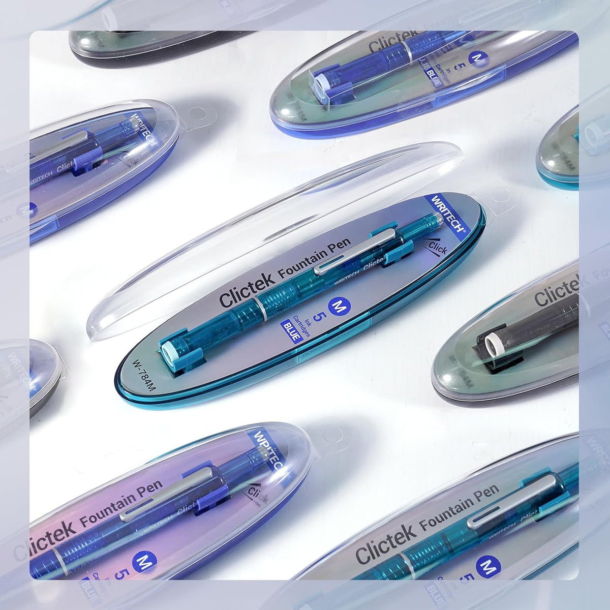 WRITECH Clictek Fountain Pen Set: Retractable Style Blue Ink Medium Nib Transparent Barrel