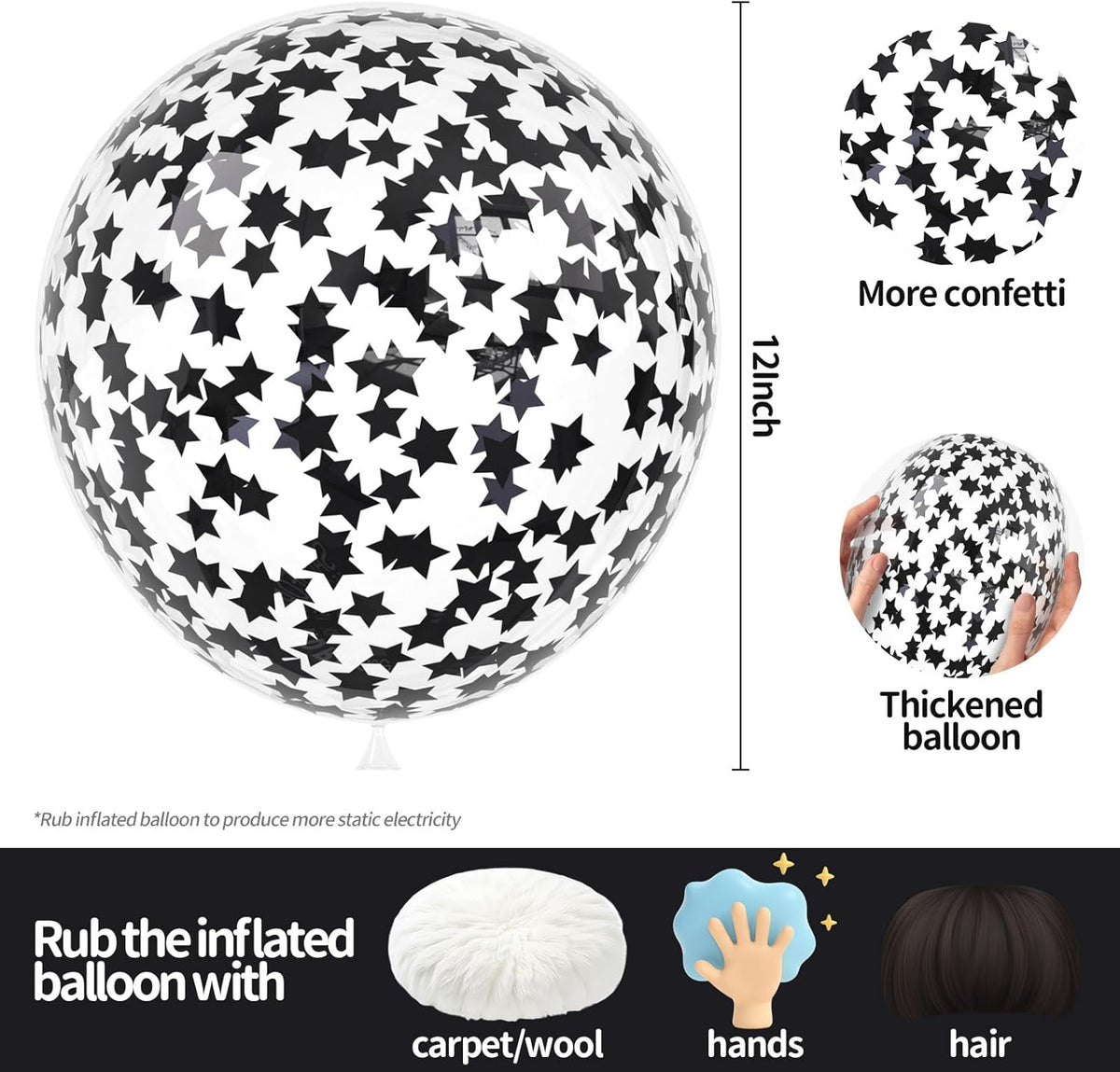 VHUWE 25 Pcs Black Star Confetti Balloons, 12 Inch Clear Latex Balloon with Confetti Inside for