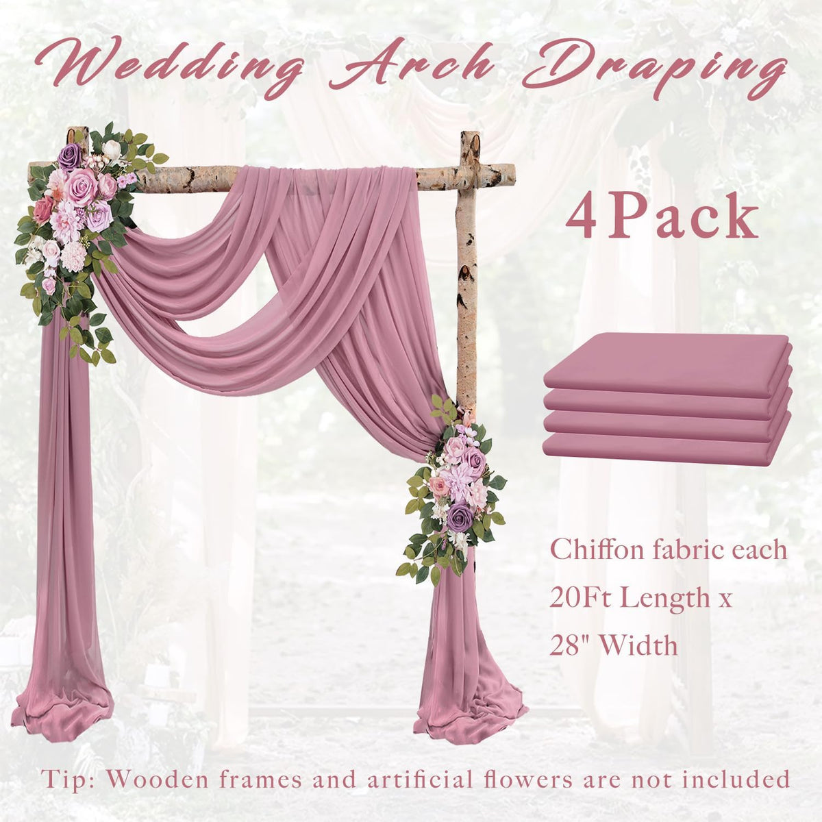 Dusty Rose Wedding Arch Draping Fabric 4 Panels 20Ft Length x 28" Width Arch Drapes Chiffon Fabric