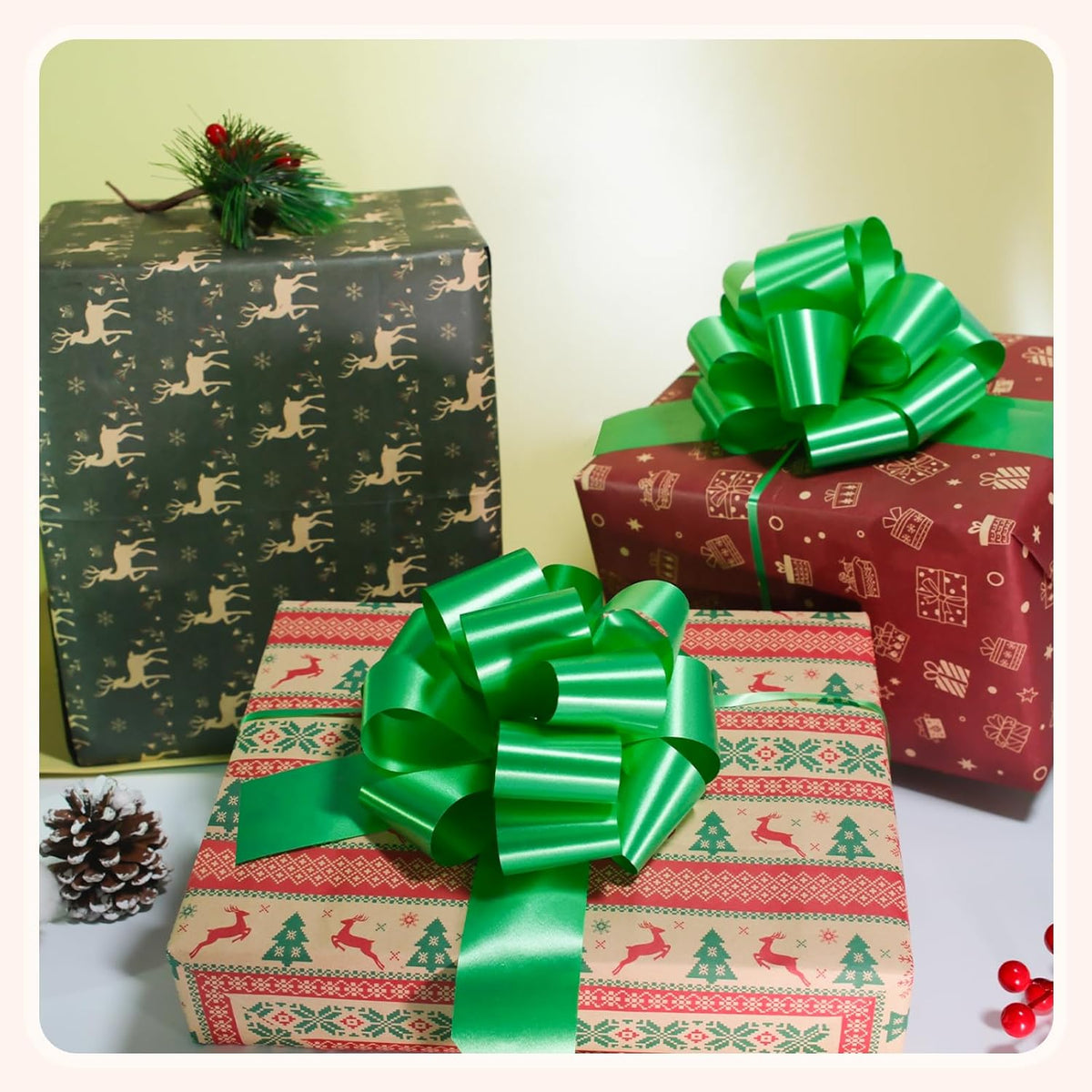 6 PCS 6 Inch Green Pull Bows - Perfect for Gift Wrapping, Wedding Decor, Car Bows, Birthday