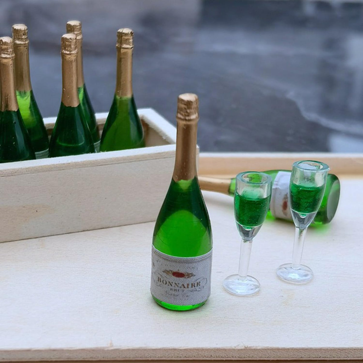 Miniature Champagne Bottle with 2 Glasses, 1:12 Dollhouse Decor, Green Resin, 1 Champagne Bottle