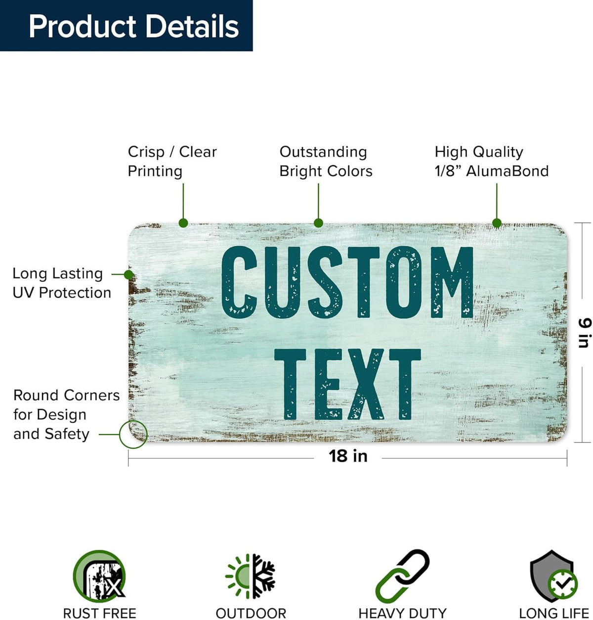 Custom Sign, Custom Street Sign, 11 Font Colors, 13 Font Styles, 4 Hole Options, 22 Sizes, 9x18