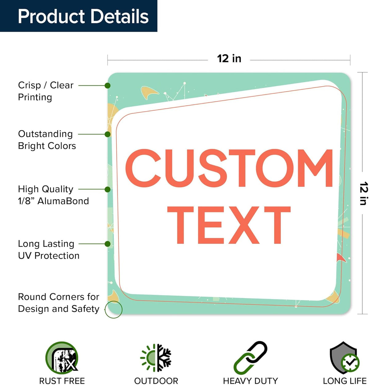 Custom Sign, Custom Street Sign, 11 Font Colors, 13 Font Styles, 4 Hole Options, 22 Sizes, 12x12