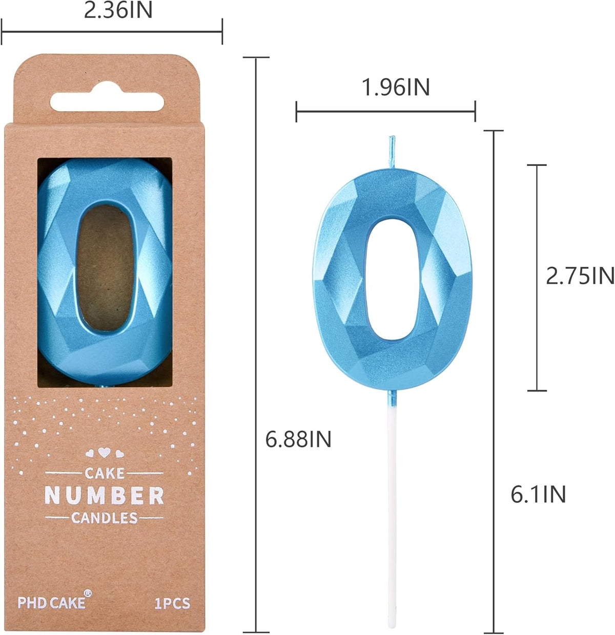 PHD CAKE 2.76 Inch Crystal Blue 0 Number Birthday Candles, Blue Number Candle, Cake Number Candles