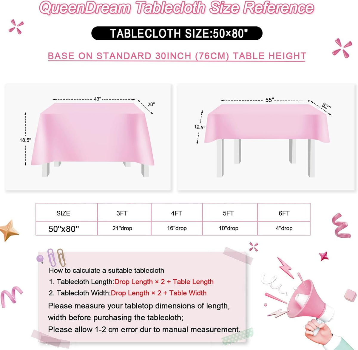 QueenDream Sparkly Sequin Tablecloth - Pink Table Cloth 50x80 Inches Rectangle Table Overlay Fabric