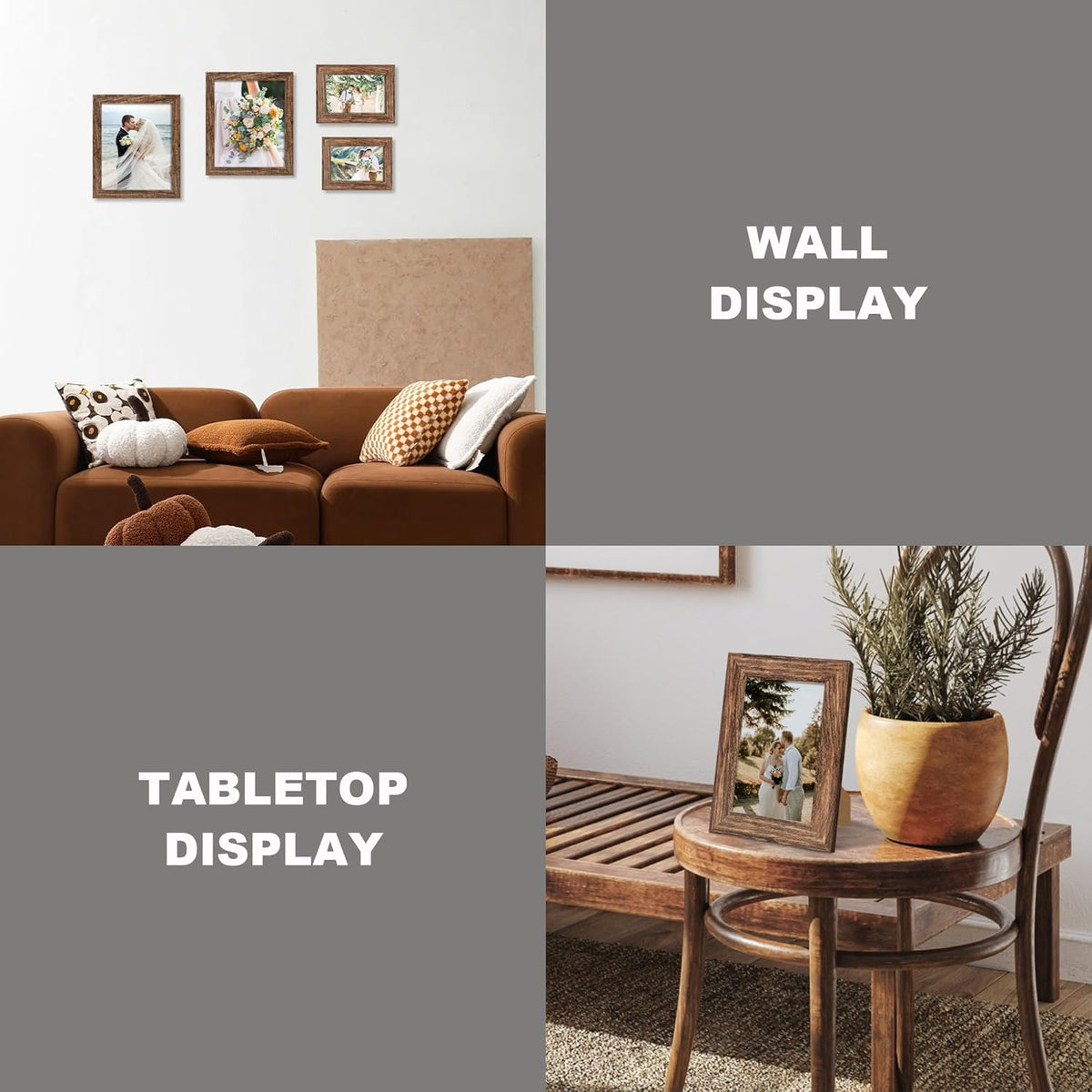 8x10 Picture Frame Set of 4, High Definition Glass Brown Frame, 8 x 10 Wood Rustic Picture Frames
