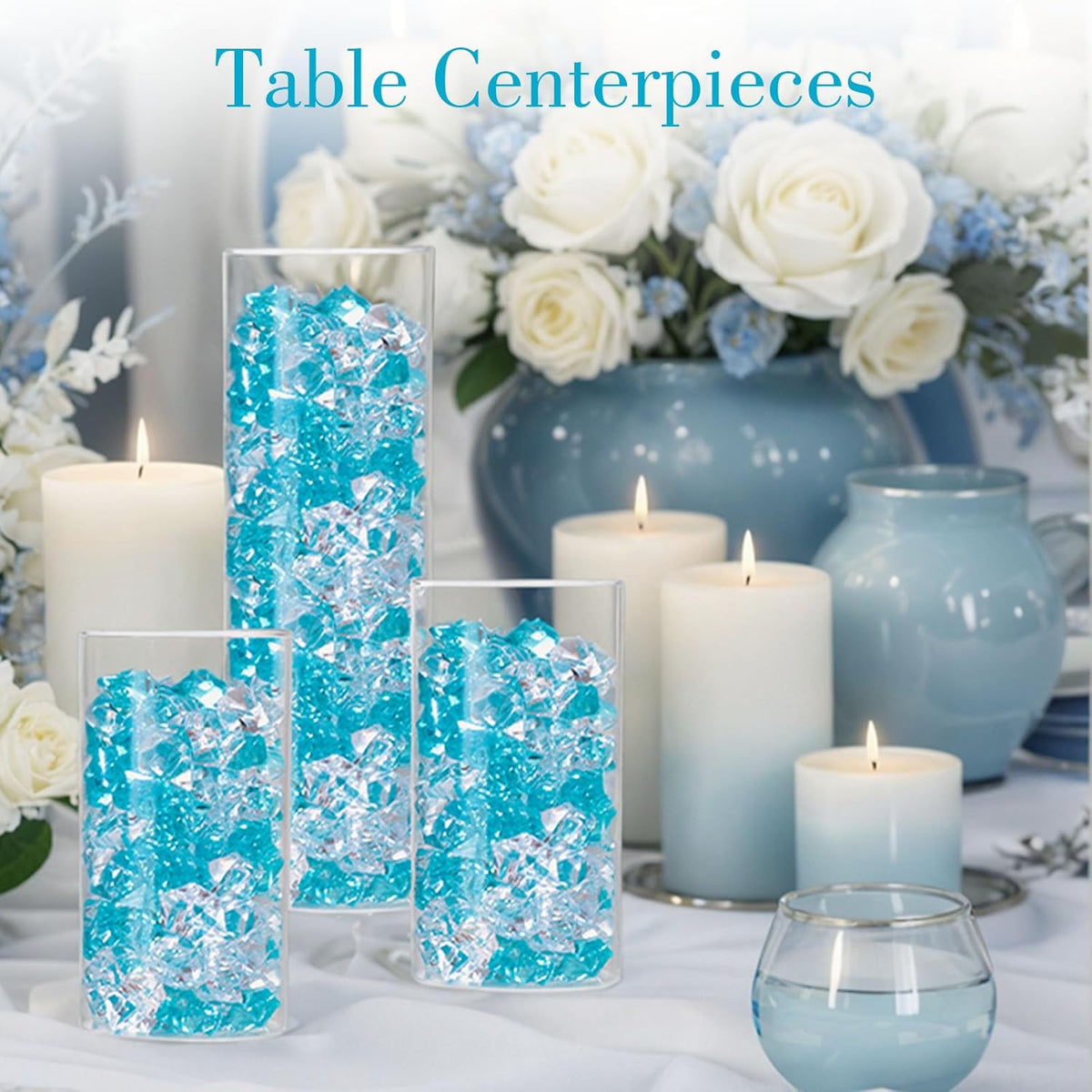 DomeStar 150PCS Fake Ice, Vase Filler Mixed Blue Fake Ice Rocks, Acrylic Crystals for Crafts Table
