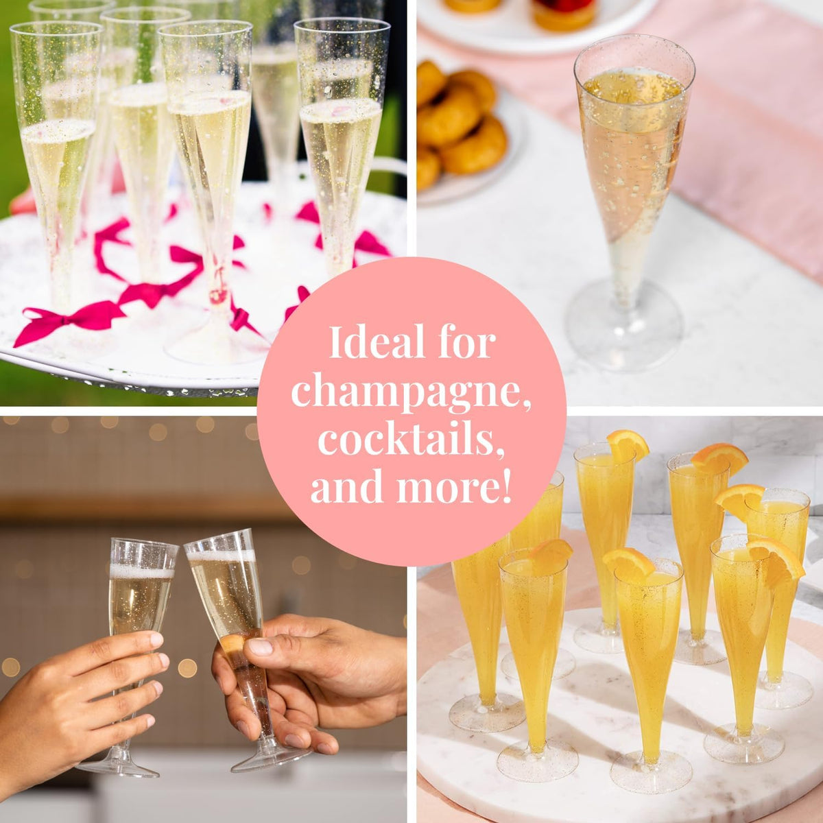 Prestee 200 Disposable Champagne Flutes Plastic 200 Pack - Silver Glitter Champagne Flutes for