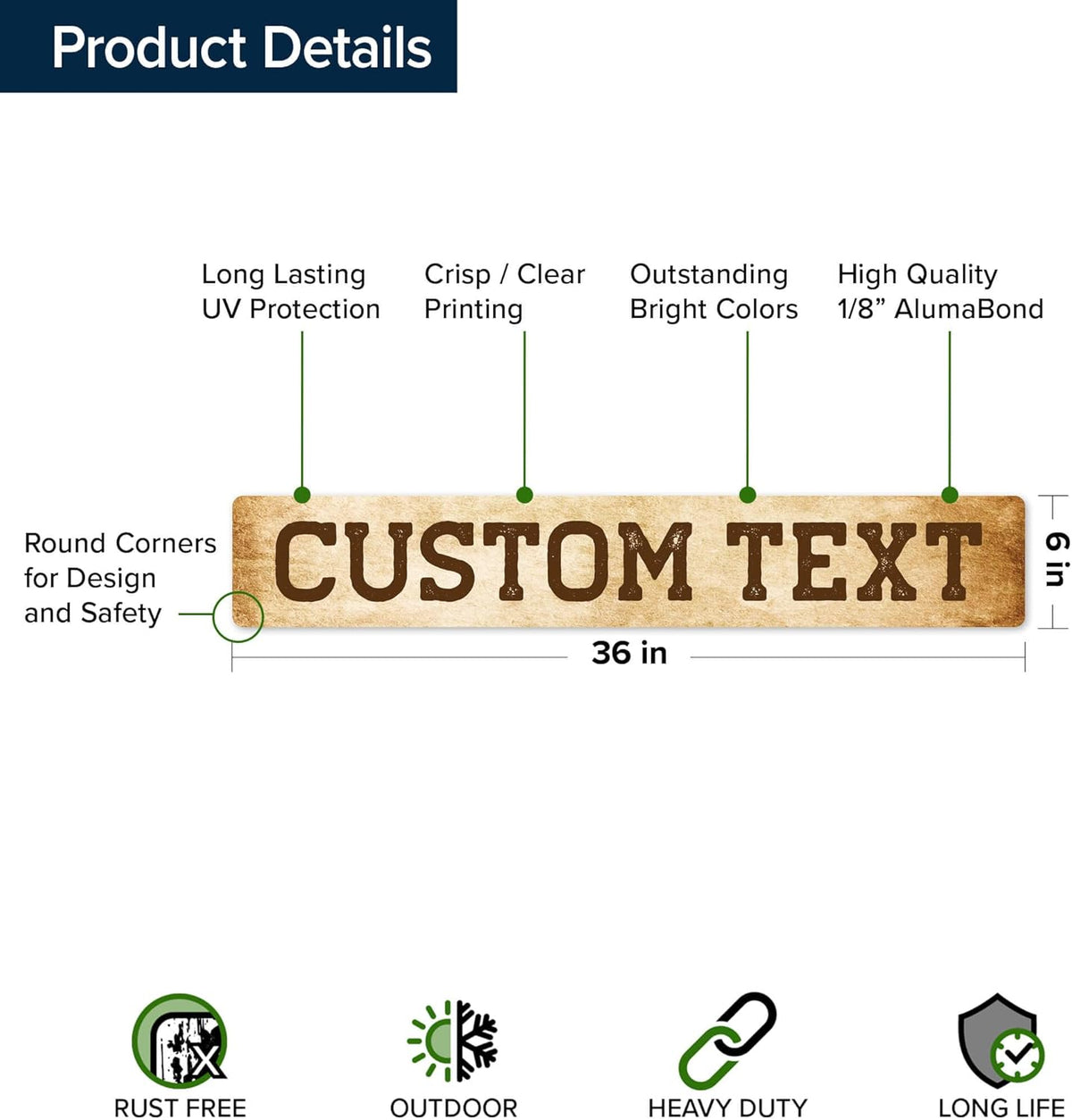 Custom Sign, Custom Street Sign, 11 Font Colors, 13 Font Styles, 4 Hole Options, 22 Sizes, 6x36