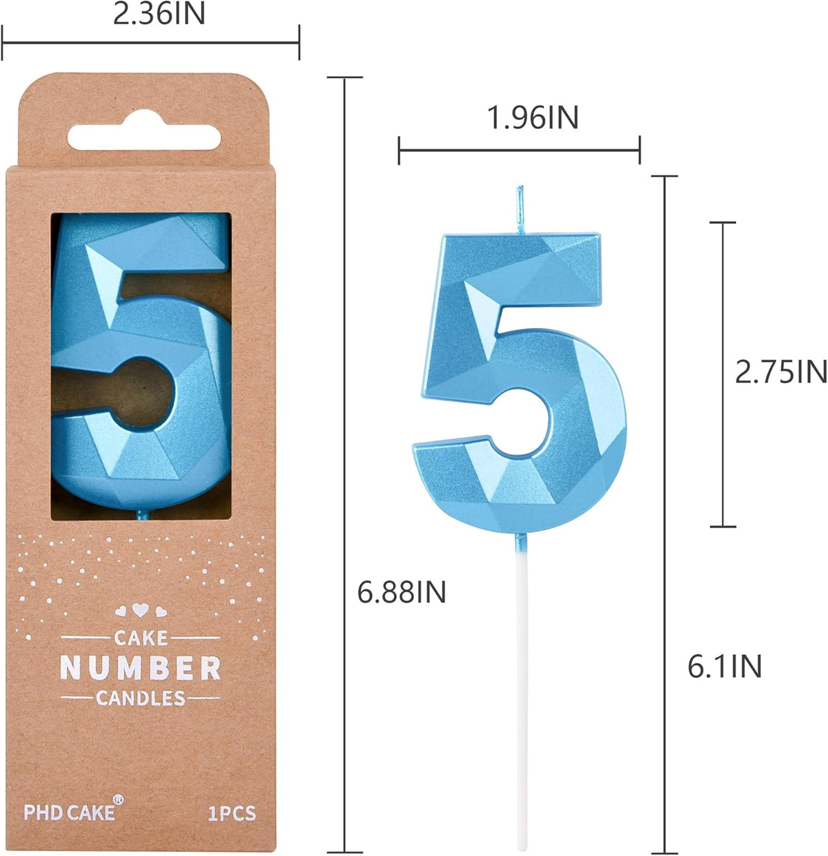 PHD CAKE 2.76 Inch Crystal Blue 5 Number Birthday Candles, Blue Cake Candles for Party Celebration