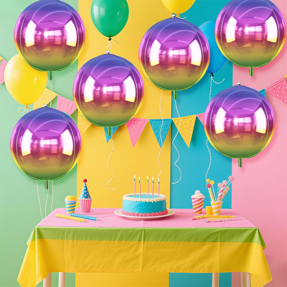 6Pcs Gradient Rainbow Round Foil Balloons, 22" Large Helium Colorful Ball Balloon, Metallic
