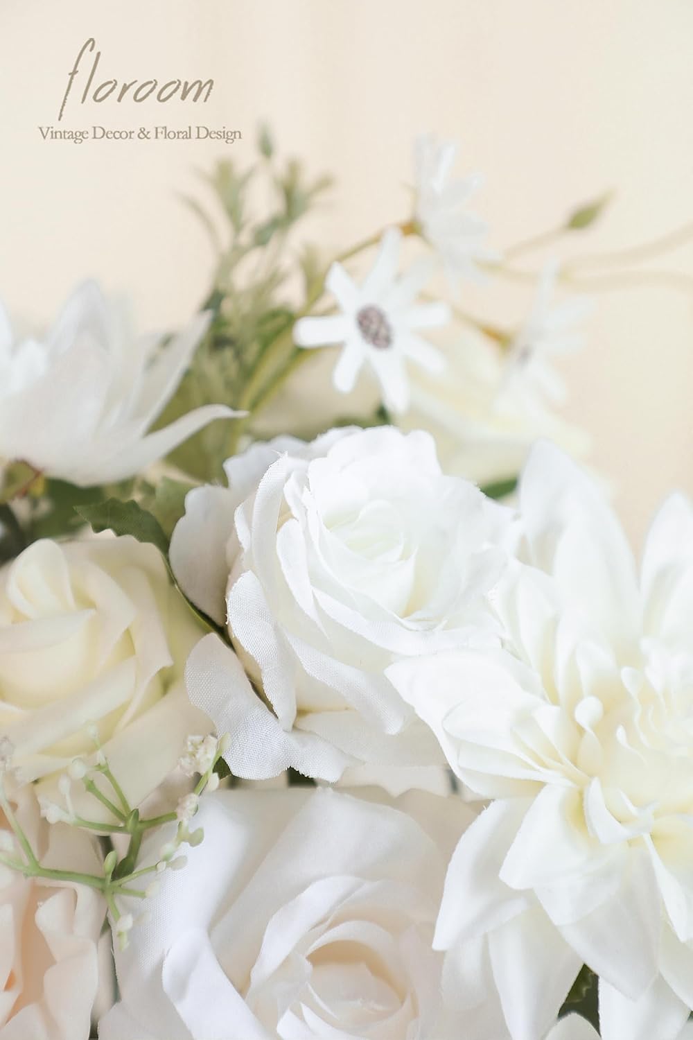 Floroom Ivory White Artificial Flowers Fake Roses Peonies Dahlia and Greenery Combo Box Set for DIY