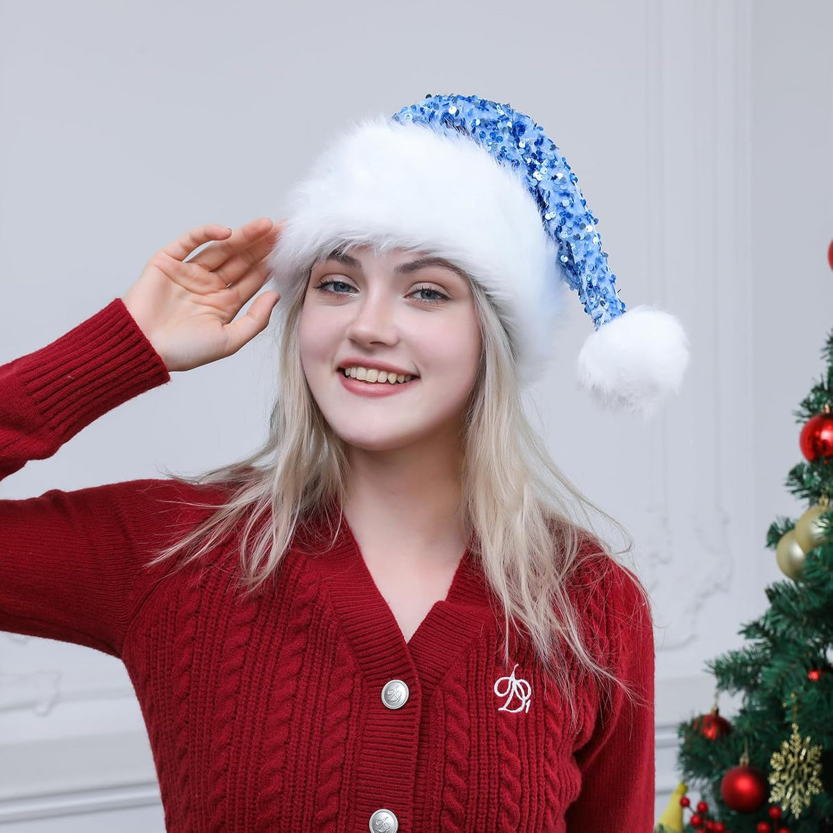 Personalized Sequin Santa Hat for Adults, Red Glitter Christmas Party Hat, Xmas Halloween New Year