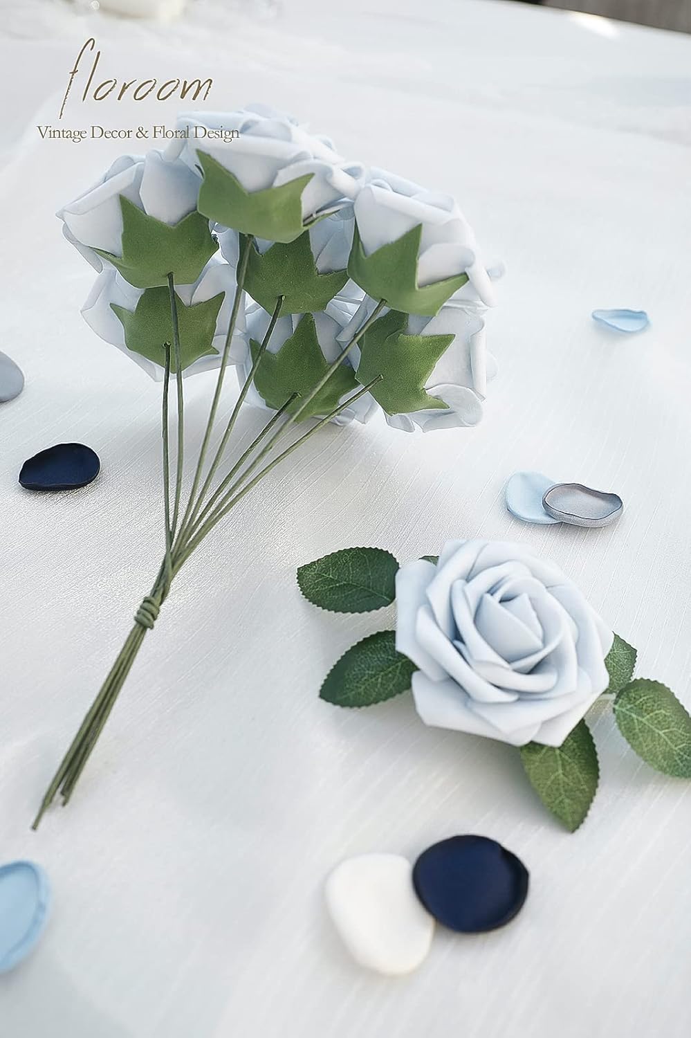 Floroom Artificial Flowers 50pcs Real Looking Powder Blue Foam Fake Roses with Stems for DIY