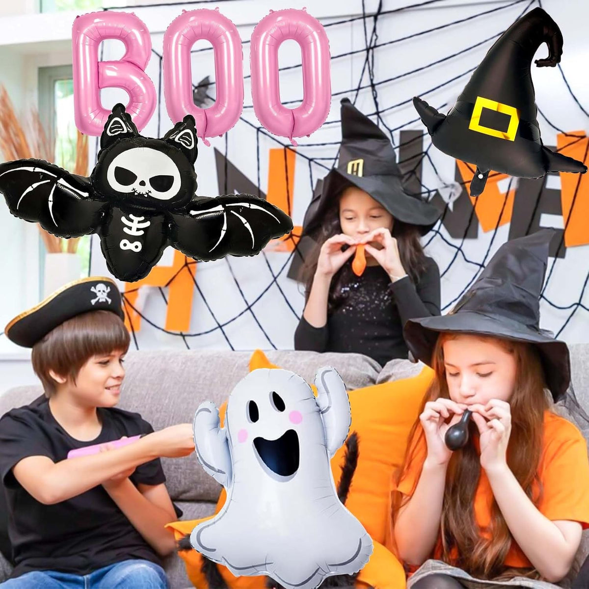 Halloween Balloons Decorations, Pink Boo Letter, Ghost, Bat, Wizard's Hat Foil Balloon for