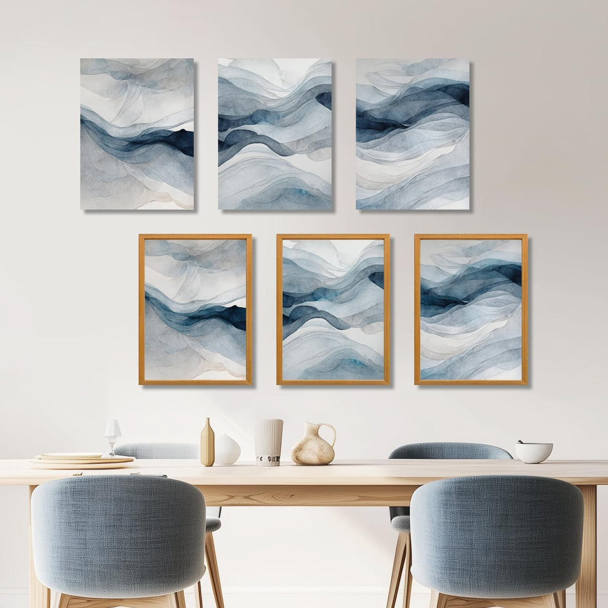 IAFWZX Wood Framed Blue Gray Abstract Wall Art, Modern Minimalist Waves Wall Decor, Neutral