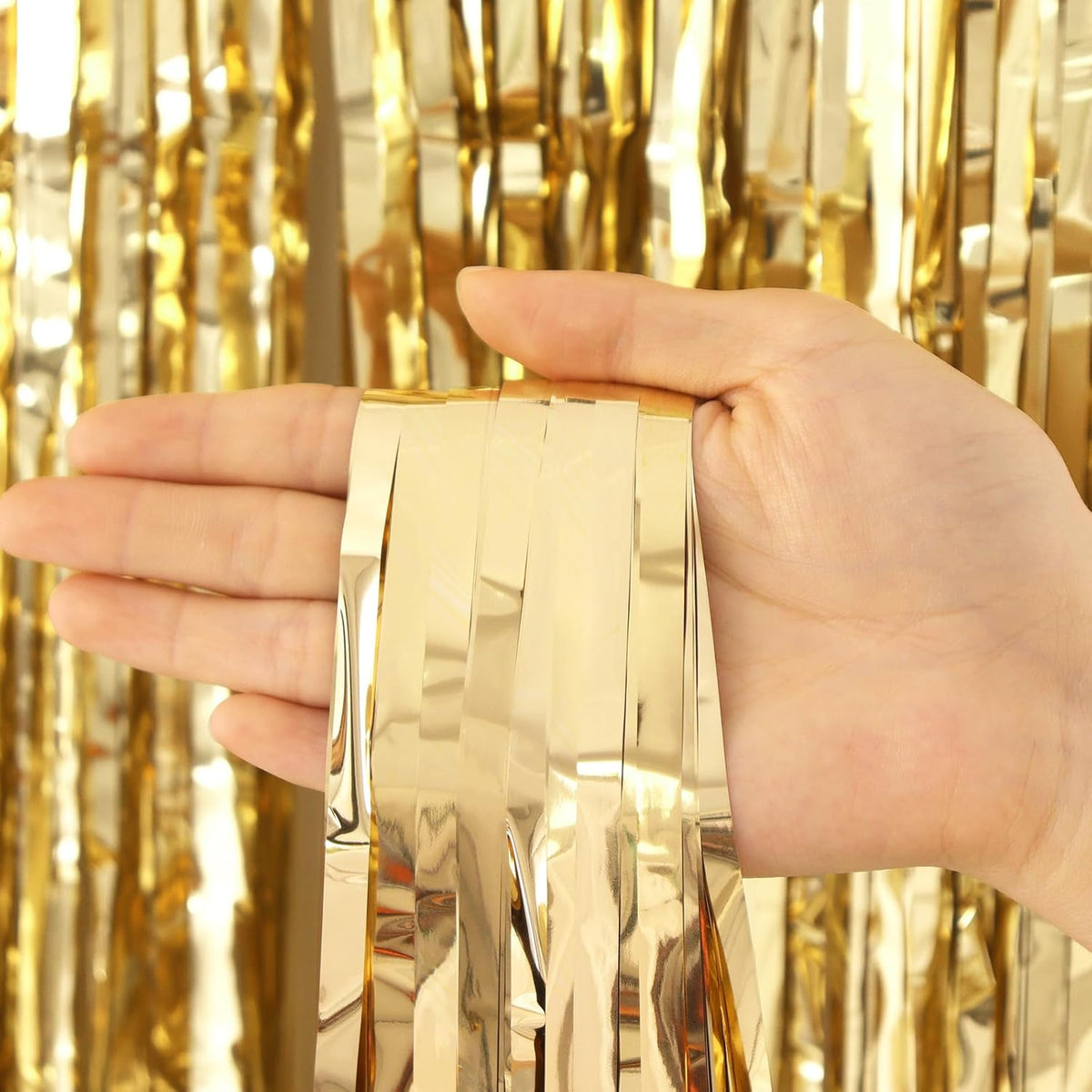 2 Pack Champagne Fringe Curtains Foil Shiny Fringe Backdrop Tinsel Door Streamers Foil Curtains for