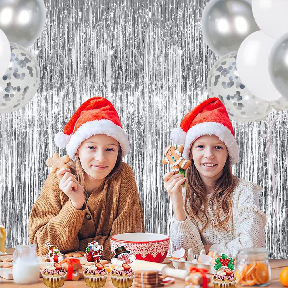 TONIFUL 3Pcs Silver Metallic Tinsel Foil Fringe Curtains,3.28ft x 6.56ft Silver Photo Booth