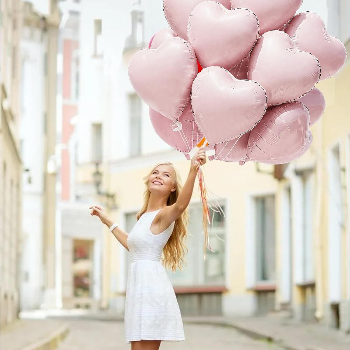 TONIFUL 15Pcs 18 Inch Baby Pink Heart Balloons Pastel Pink Heart Shape Foil Mylar Balloons
