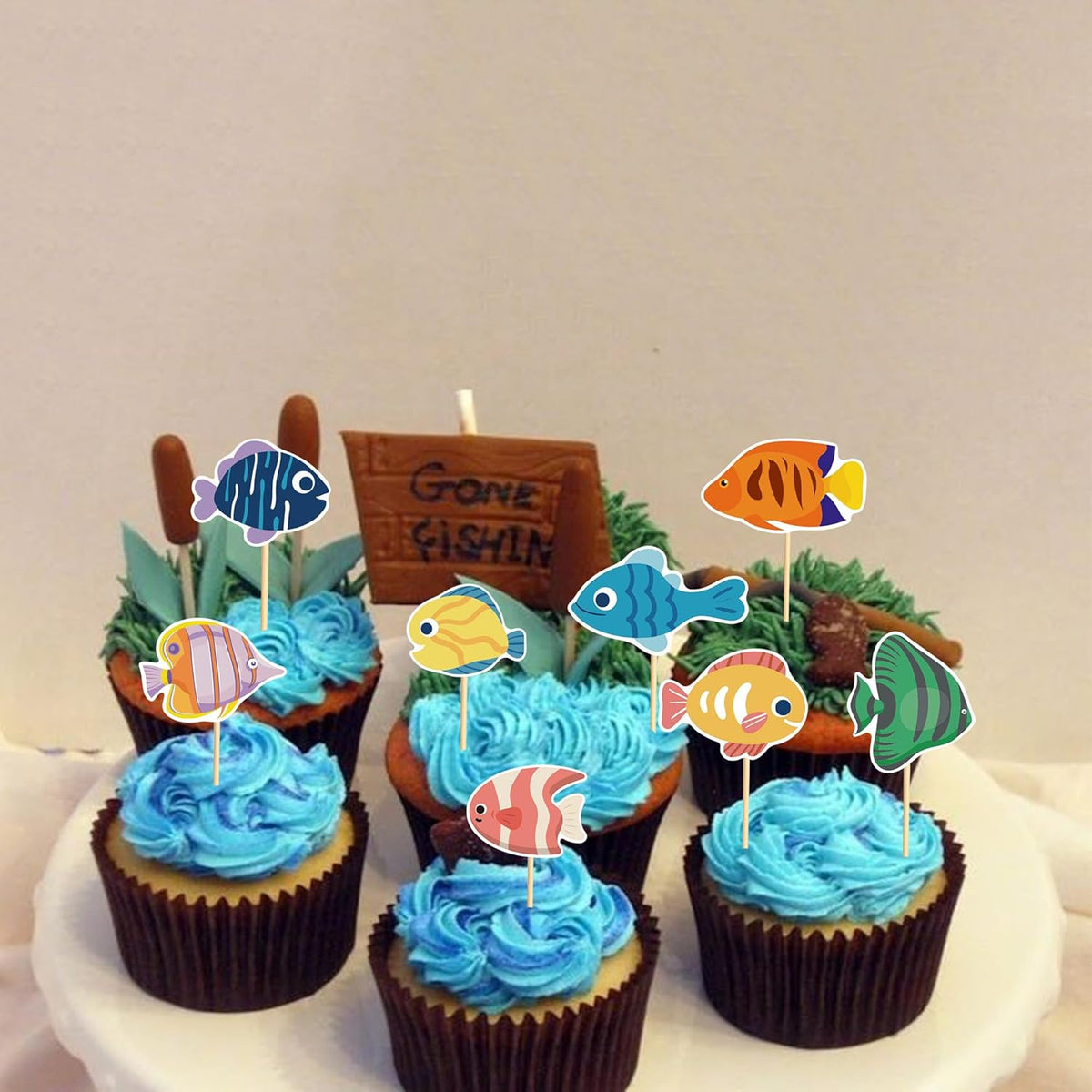 24pcs Fish Cupcake Toppers Go Fishing Theme Decorations Baby Shower Boys Girls Happy Birthday Party
