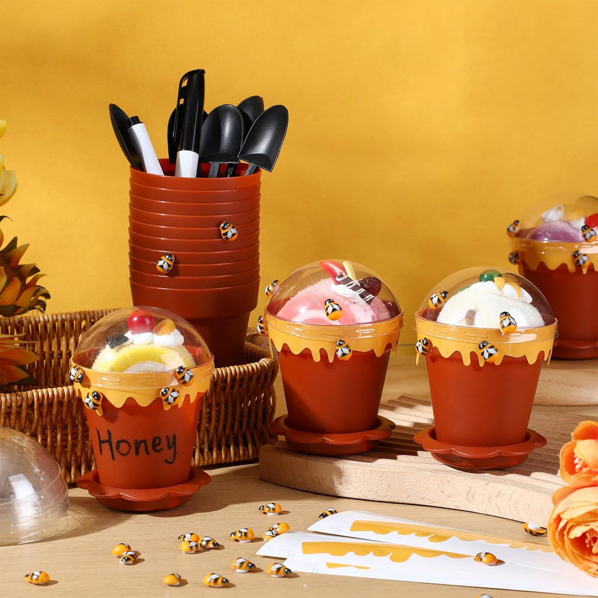 30 Sets Mini Honey Bee Pots with Lids, Spoon, Saucers and Bee Charms, 6.76 OZ Plastic Honey Jars
